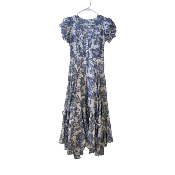 LOVESHACKFANCY Andie Floral Print Cotton Voile Midi Dress Blue Sz S - Picture 3 of 8